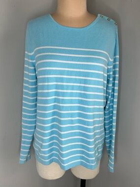 J.Mclauglin Light Blue and White Striped Button-Shoulder Sweater